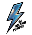 Blue lightning bolt logo with text "I'm Freakin Pumped"